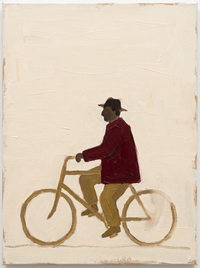Oil painting of a man in a deep wine coat walking left with a tan bag, a tan dachshund trailing, on a cream ground.
