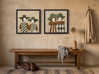 Women in Wide-Brim Hats — Set of 2 Original Oils, Olive & Rust — original hand-painted oil shown on the wall in a styled room