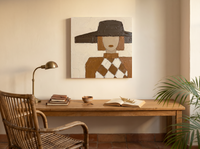 Lady in a Brown Hat Wall Art — Original Palette-Knife Oil, Chocolate & Rust — original hand-painted oil shown on the wall in a styled room