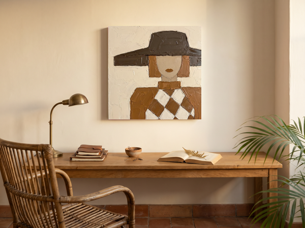 Lady in a Brown Hat Wall Art — Original Palette-Knife Oil, Chocolate & Rust