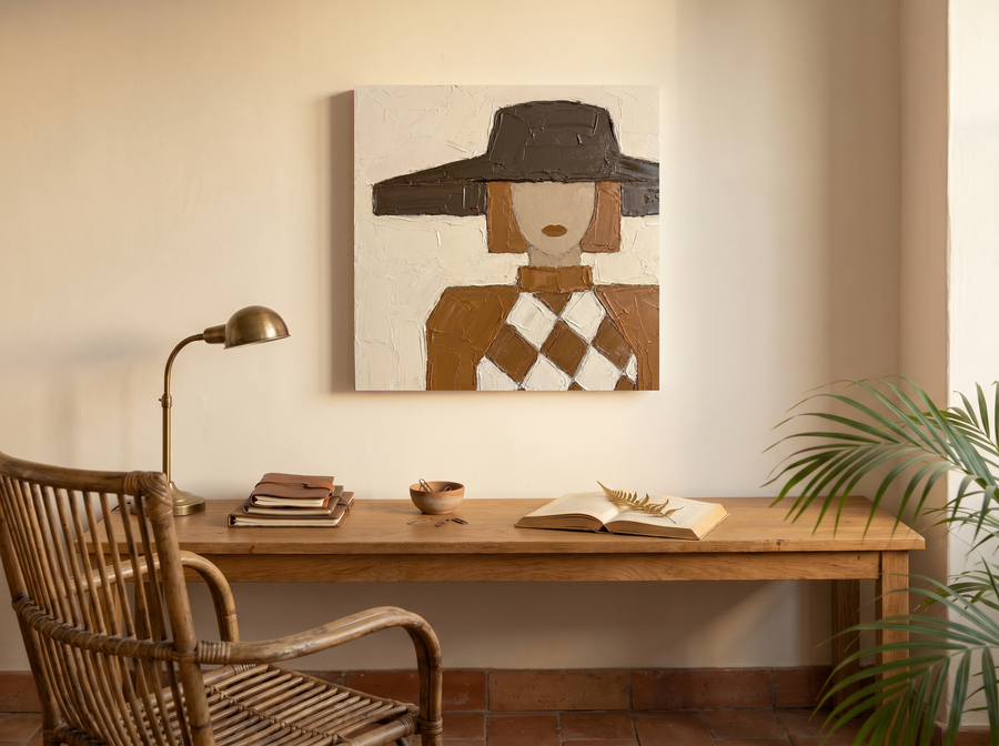 Lady in a Brown Hat Wall Art — Original Palette-Knife Oil, Chocolate & Rust