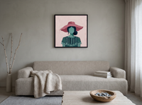 Woman in a Pink Hat Wall Art — Original Palette-Knife Oil, Rose-Pink & Emerald — original hand-painted oil shown on the wall in a styled room