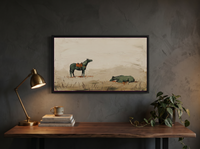 Standing and Resting Horses Wide Wall Art — Original Palette-Knife Oil, Sage Green & Terracotta — original hand-painted oil shown on the wall in a styled room