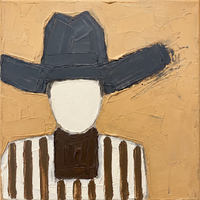 Oil painting of a cowboy in a cream hat and navy-striped shirt riding a slate blue-grey horse in profile, on a golden ochre ground.