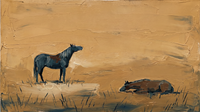 Original wide oil painting of one slate-navy horse standing head-up and a brown horse lying in the grass on a golden-ochre field, palette-knife texture
