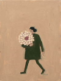 Oil painting of a man in a moss-green coat with a pale cream head walking to the left with a folded newspaper, a small dachshund trailing behind, on a warm clay-tan ground.