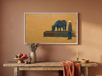 Cowgirl and Horse at the Trough Wide Wall Art — Original Palette-Knife Oil, Golden Ochre & Navy — original hand-painted oil shown on the wall in a styled room
