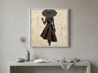Walking Lady in a Wide Hat Wall Art — Original Palette-Knife Oil, Charcoal & Oxblood — original hand-painted oil shown on the wall in a styled room