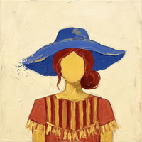 Original heavy-impasto oil painting of a woman in a cobalt floppy hat with a lemon-yellow oval face and red hair over a red and yellow striped bodice with fringe on a cream ground