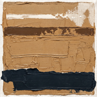 Original textured oil painting of stacked horizontal bands in warm tan and ochre with a bright scraped streak, over a deep navy-teal anchor band, heavy palette-knife plaster impasto.