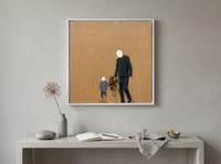 Father & Child Walking Wall Art — Original Palette-Knife Oil, Navy & Ochre — original hand-painted oil shown on the wall in a styled room