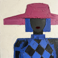 Original oil painting of a woman in a wide magenta hat with a charcoal oval face, red lips, cobalt hair, and a cobalt and black harlequin bodice, on a cream ground