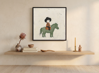 Child on a Pony Wall Art — Original Palette-Knife Oil, Sage & Terracotta — original hand-painted oil shown on the wall in a styled room