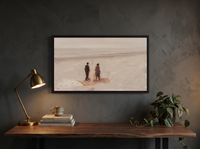 Two Figures on a Misty Beach Wide Wall Art — Original Oil, Mauve & Taupe — original hand-painted oil shown on the wall in a styled room