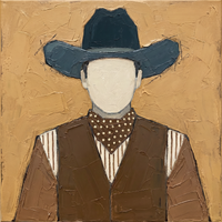 Palette-knife oil of a front-facing cowboy in a slate navy-teal hat and brown vest over a striped shirt with a brown polka-dot bandana, on a golden ochre ground.