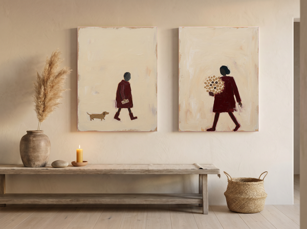 Man with Dog & Woman with Bouquet — Set of 2 Original Oils, Wine & Oat