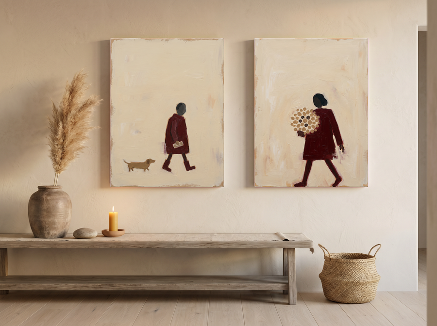 Man with Dog & Woman with Bouquet — Set of 2 Original Oils, Wine & Oat