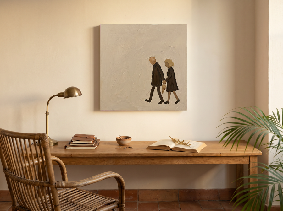 Couple Walking Together Wall Art — Original Oil, Brown & Cream