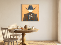 Cowboy from Behind Wall Art — Original Palette-Knife Oil, Ochre & Slate — original hand-painted oil shown on the wall in a styled room
