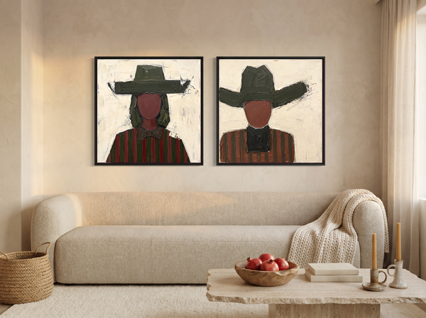 Cowgirl and Cowboy — Set of 2 Original Oils, Olive & Oxblood