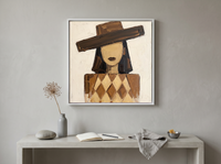 Woman in a Wide Hat Wall Art — Original Palette-Knife Oil, Chocolate & Tan — original hand-painted oil shown on the wall in a styled room