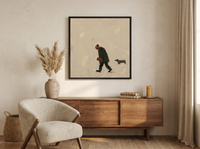 Man Walking His Dachshund Wall Art — Original Oil, Charcoal & Oxblood — original hand-painted oil shown on the wall in a styled room