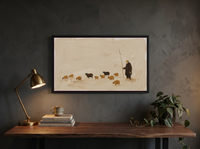 Shepherd and Flock Wide Wall Art — Original Oil Landscape, Chocolate & Rust — original hand-painted oil shown on the wall in a styled room