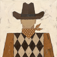 Original oil painting of a faceless cowboy in a dark brown hat and ochre dotted bandana over a brown and cream harlequin shirt, on a cream ground