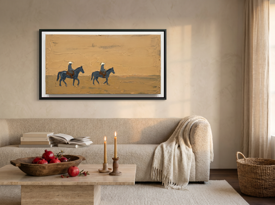 Two Riders on Ochre Wide Canvas — Original Palette-Knife Oil, Golden Ochre & Slate Blue