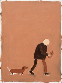 Oil painting of a man in a espresso coat with a pale cream head walking to the left with a folded newspaper, a small dachshund trailing behind, on a deep terracotta ground.