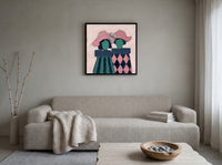 Two Ladies in Hats Wall Art — Original Palette-Knife Oil, Rose & Emerald — original hand-painted oil shown on the wall in a styled room
