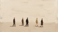 Original wide oil painting of five small figures in dark chocolate coats walking in a loose uneven line across a vast empty cream ground, Lowry-style with generous negative space