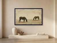 Two Grazing Horses Wide Wall Art — Original Palette-Knife Oil, Olive & Cream — original hand-painted oil shown on the wall in a styled room