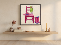 Cowboy Chair Still Life Wall Art — Original Palette-Knife Oil, Pink & Lime — original hand-painted oil shown on the wall in a styled room