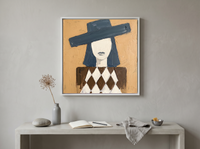 Woman in a Wide Hat Wall Art — Original Palette-Knife Oil, Teal & Ochre — original hand-painted oil shown on the wall in a styled room