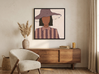 Lady in a Floppy Hat Wall Art — Original Palette-Knife Oil, Mauve & Rose-Brown — original hand-painted oil shown on the wall in a styled room