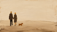 Original wide oil painting of a couple seen from behind holding hands and walking a small rust terrier across a warm tan and cream field, horizontal landscape