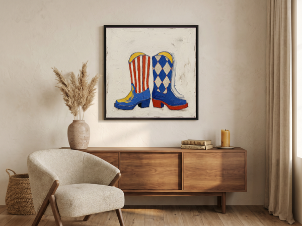 Cowboy Boots Wall Art — Original Palette-Knife Oil, Cobalt & Red