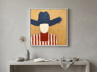 Cowboy in a Wide Hat Wall Art — Original Palette-Knife Oil, Navy & Red — original hand-painted oil shown on the wall in a styled room