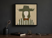 Lady in an Angular Olive Hat Wall Art — Original Palette-Knife Oil, Olive & Rust — original hand-painted oil shown on the wall in a styled room