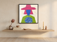 Lady with a Bouquet Wall Art — Original Palette-Knife Oil, Magenta & Lime — original hand-painted oil shown on the wall in a styled room