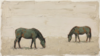 Original wide oil painting of two sage-green horses grazing across a cream pasture with terracotta accents, palette-knife texture
