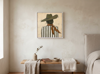 Cowgirl from Behind Wall Art — Original Palette-Knife Oil, Olive & Caramel — original hand-painted oil shown on the wall in a styled room