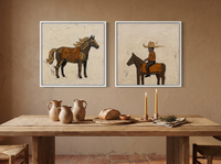 Standing Horse & Small Rider — Set of 2 Original Oils, Chocolate & Rust — original hand-painted oil shown on the wall in a styled room