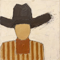Oil painting of a faceless cowboy in a chocolate-brown hat with a tan face, rust neckerchief and rust-and-tan striped shirt, on a cream ground.