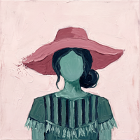 Original heavy-impasto oil painting of a woman in a rose-pink floppy hat with an emerald oval face and navy hair over a green striped bodice with fringe on a blush ground
