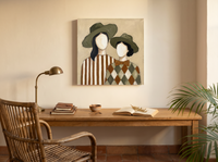 Two Ladies in Olive Hats Wall Art — Original Palette-Knife Oil, Olive & Cream — original hand-painted oil shown on the wall in a styled room