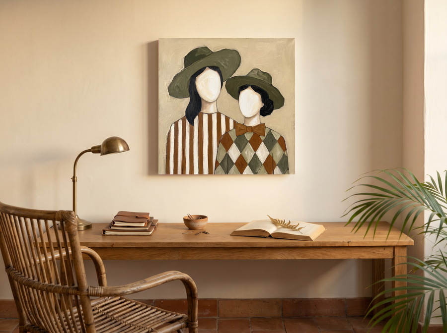 Two Ladies in Olive Hats Wall Art — Original Palette-Knife Oil, Olive & Cream