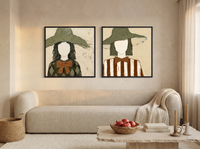 Two Women in Floppy Hats — Set of 2 Original Oils, Olive & Sienna — original hand-painted oil shown on the wall in a styled room