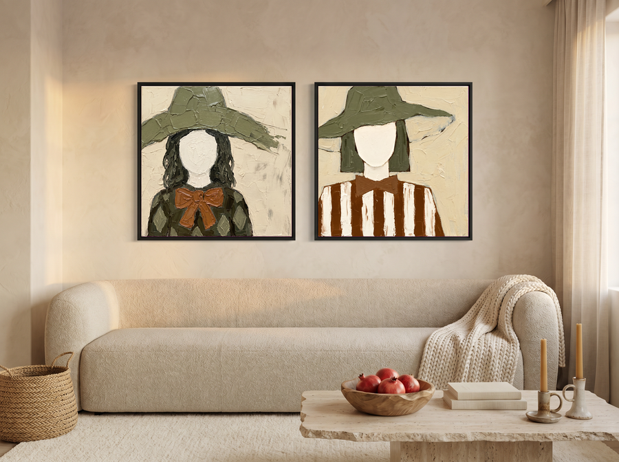 Two Women in Floppy Hats — Set of 2 Original Oils, Olive & Sienna